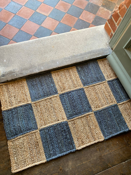 Blue/Grey Checked Jute Doormat